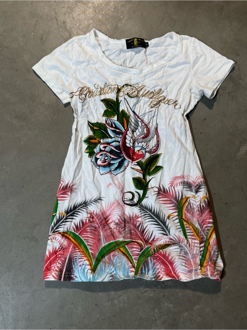 Christian Audigier White Short Sleeve Graphic Tee with Floral and Bird Motif